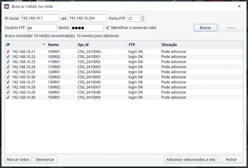 Janela Buscar robôs na rede do RBT Monitor listando dez controladores C5G encontrados na faixa 192.168.10.1 a 192.168.10.254, com nome, Sys_id e login FTP OK