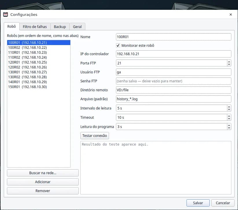 Janela Configurações do RBT Monitor com a lista de robôs e os campos de IP, porta FTP, usuário, diretório remoto, intervalo de leitura e timeout