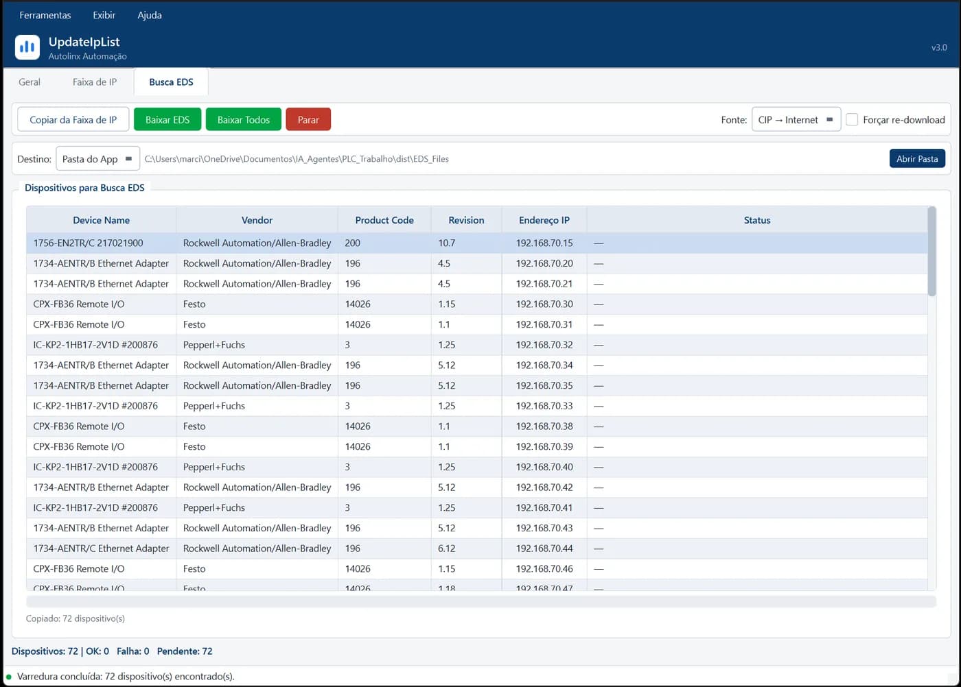 Aba Busca EDS do UpdateIpList com os 72 dispositivos copiados da varredura e a coluna de status do download de cada arquivo EDS