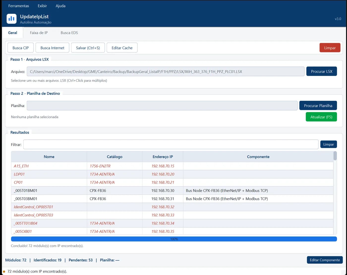 Aba Geral do UpdateIpList com a tabela de módulos extraídos de um arquivo L5X, mostrando nome, catálogo, endereço IP e componente